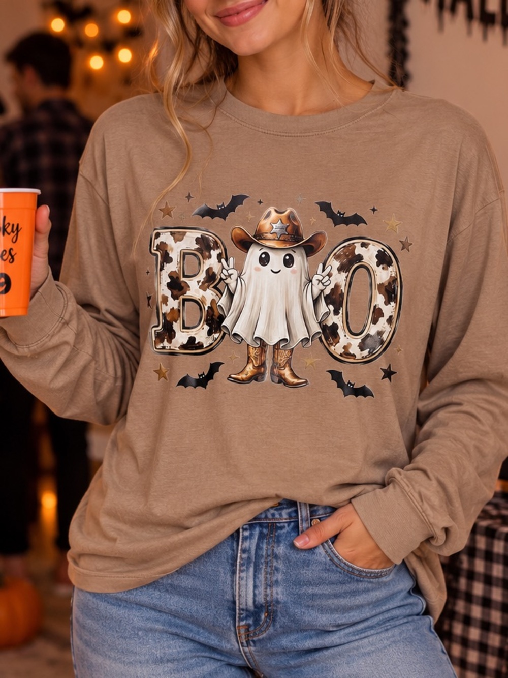 Trendy Queen Western Halloween Ghost Boo Oversized Long Sleeve Tee size Lg NWT